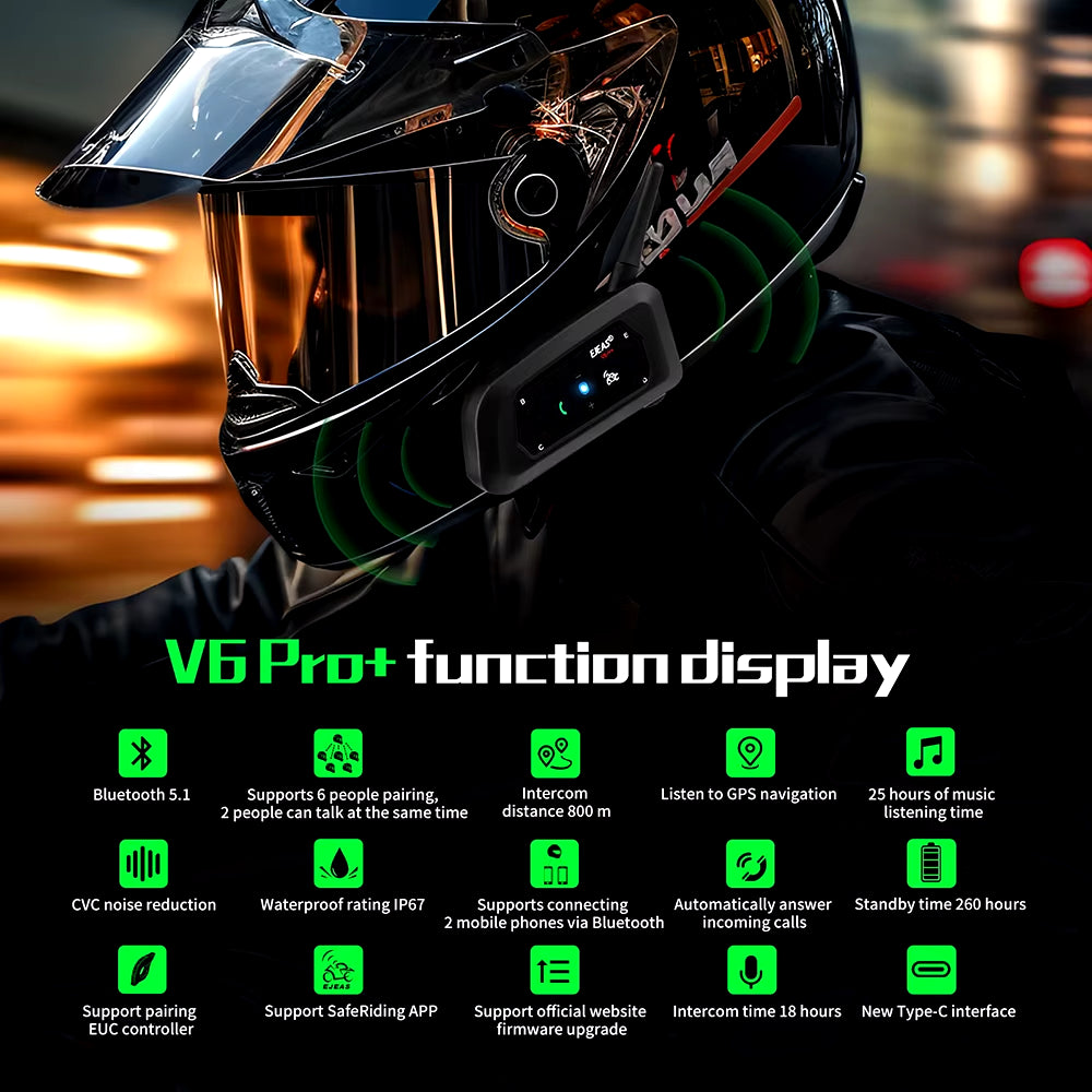 Flex Drive Garage SyncRide™ V6 Pro – 6-Rider Motorcycle Bluetooth Intercom (Waterproof)
